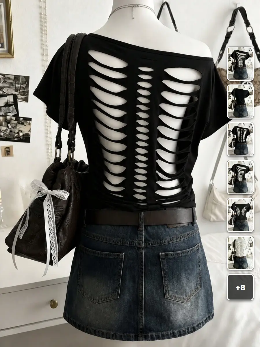 Baby Tee Y2K Shredded Open Back Slim Fit Cyber Grunge Night Out