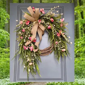 Rose Leaf Wreath, 18 Inch Spring Summer Front Door Wreath, Burlap Bow, Farmhouse Style Grapevine Wreath, Home Wall Decor