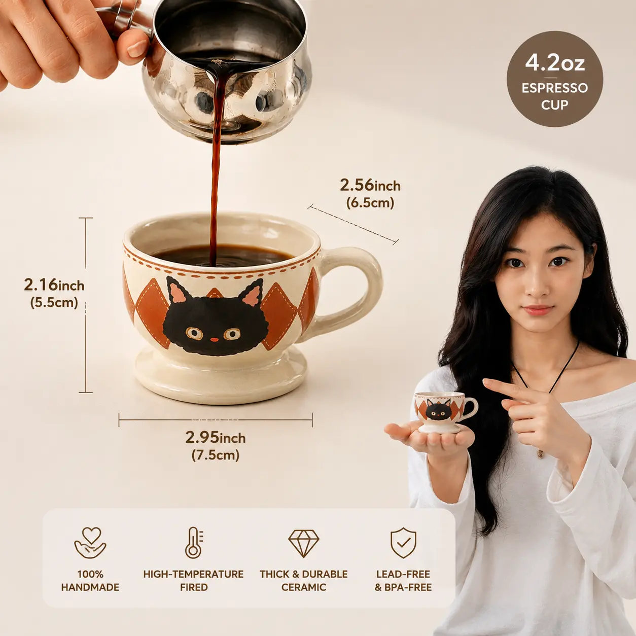 Handmade 4.2oz Sturdy Ceramic Espresso Cup with Wooden Saucer, Vintage Cat Teacup, Cute Gift for Coffee Lovers, Aesthetic Bridesmaid Birthday Present for Home Office mug cappuccino