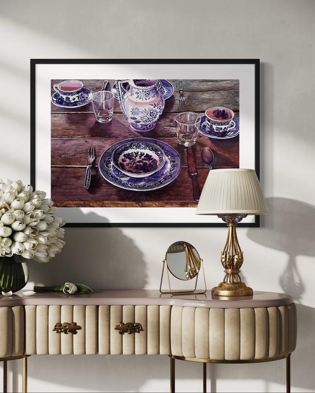 The Table Is Set Watercolor Painting - Framed Artwork Featuring a Wooden Table with Blue and White Dishes and Utensils