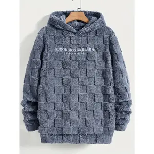 Men's Plush Embroidered Los Angeles Hoodie - Casual Solid Color with Textured Jacquard Design, Cozy Long Sleeve Winter Sweatshirt, Perfect for Daily Wear & Commuting