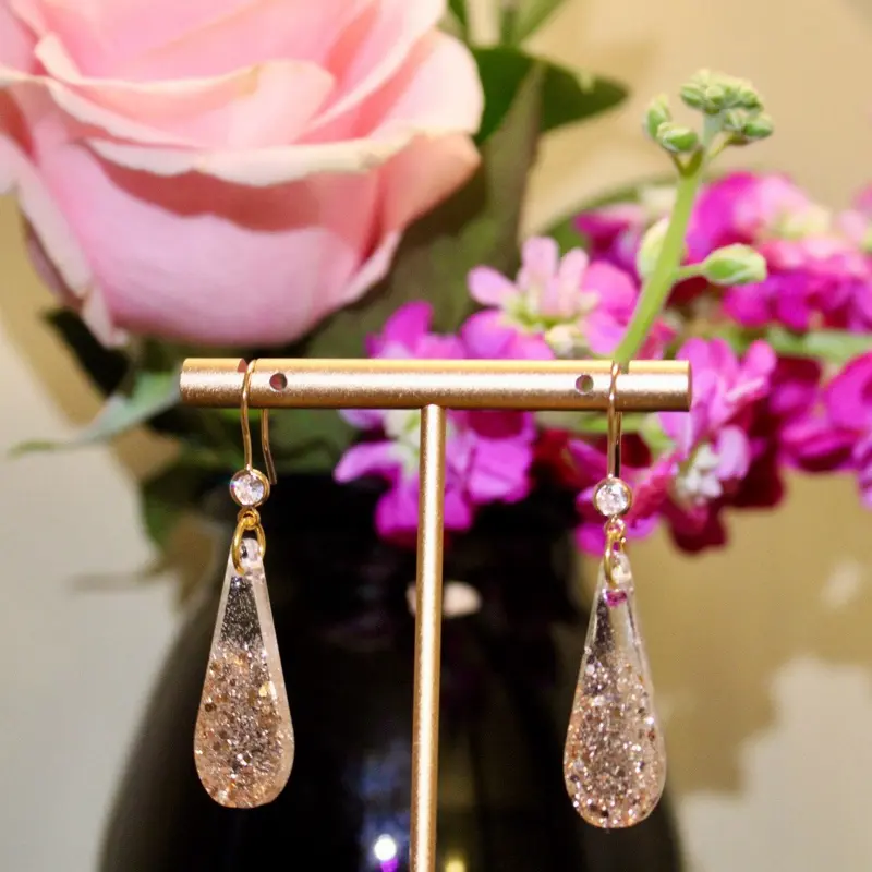Rose Gold Glitter and Clear Resin Teardrop Earrings with Elegant Sparkle for Special Occasions