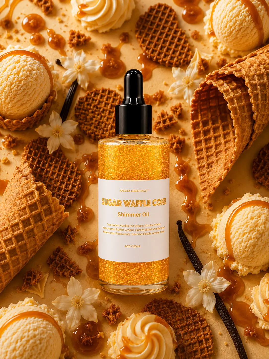 Sugar Waffle Cone Moisturizing Body Oil Vanilla Ice Cream, Cookie Wafer, Butter Cream, Caramelized Vanilla Sugar, Rosewood, Jasmine Petals, Amber, Musk by Karafa Essentials
