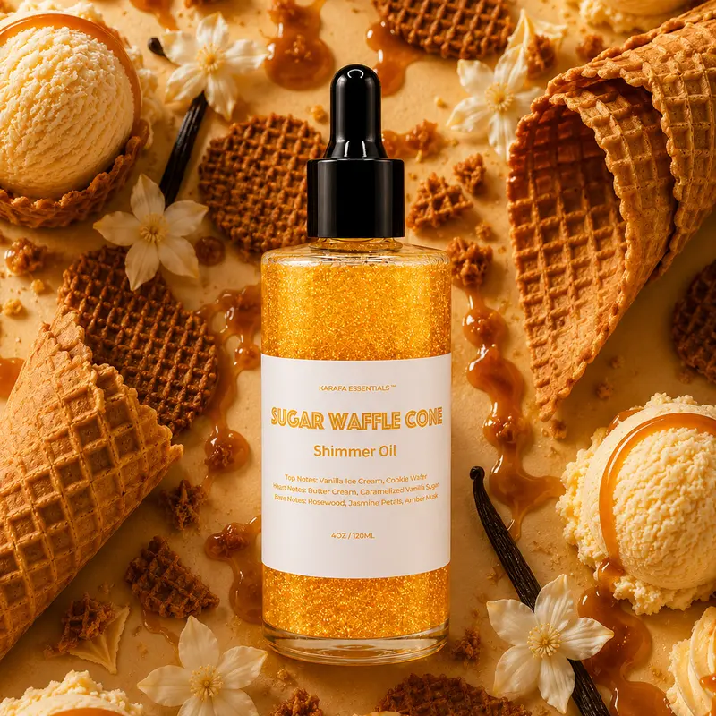 Sugar Waffle Cone Moisturizing Body Oil Vanilla Ice Cream, Cookie Wafer, Butter Cream, Caramelized Vanilla Sugar, Rosewood, Jasmine Petals, Amber, Musk by Karafa Essentials