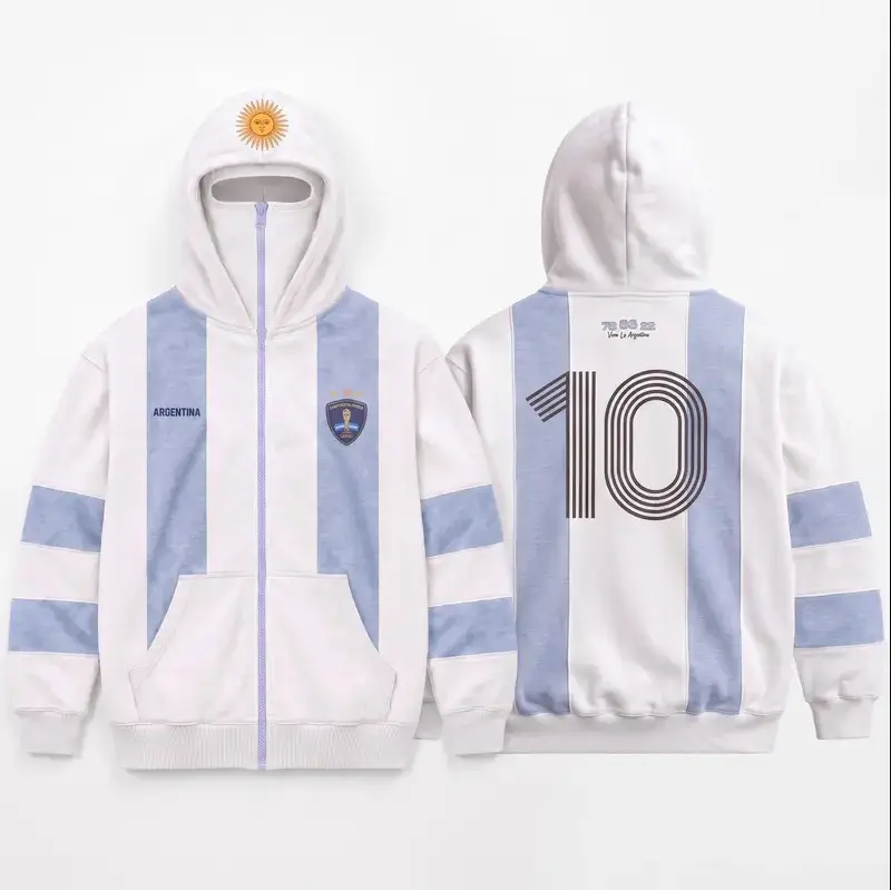 Argentina Tribute Soccer Built in Balaclava Zip Up Hoodie Number 10, Fleece Jacket Full Zip Masked Sweatshirt Streetwear