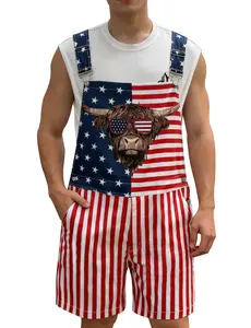 YUANBANG 250th Anniversary Shorts 4th of July American Flag Overalls for Men, Chest Bull Print Stretchy Denim Romper, USA Patriotic Memorial Day Coveralls, Couple Patriotic Gifts Summer Independence Day Jumpsuits Daily Outdoor Mens Outfits