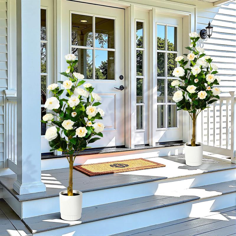 SHareconn 2-Pack 3/4FT Artificial Camellia Trees with Blooming Flowers, Lifelike Faux Plants for Indoor Outdoor Home Porch Decor, No Maintenance Needed