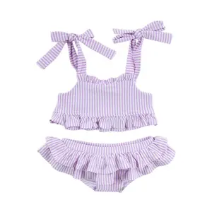 Santorini Purple Stripe Two Piece Swimsuit - Girls Ruffle Bikini