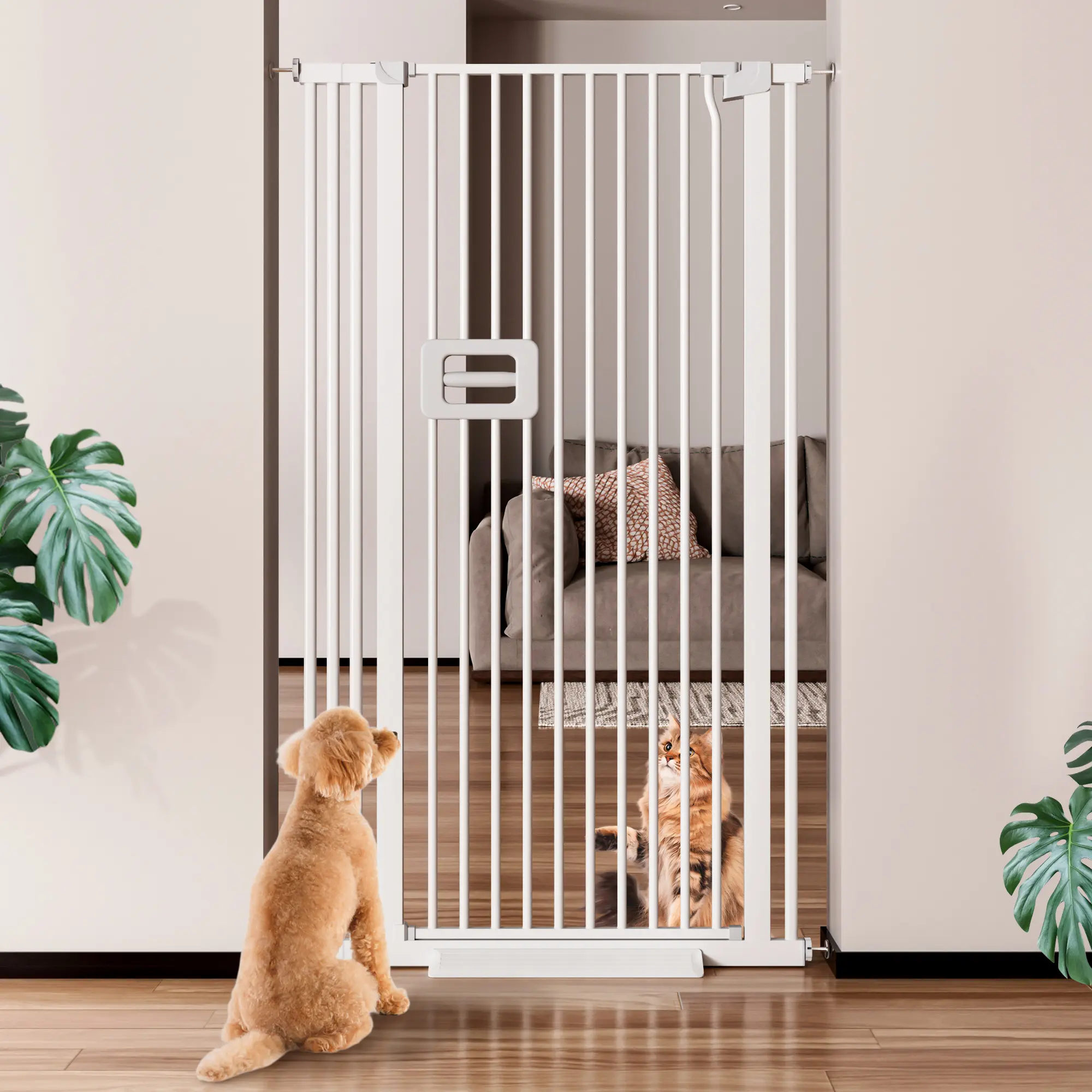 TSYPAIRS 55in Extra Tall Cat Safety Fences, 29.5in-36.5in Wide with Extension Kit, Auto-Close, Narrow Gap, No-Drill Pressure-Mounted for Doorways, Stairs (White, Black Options)