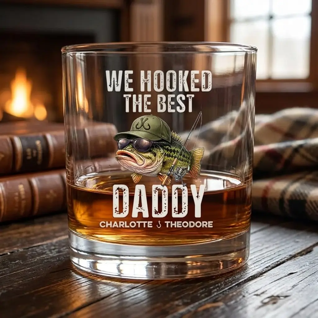 We Hooked The Best Dad Grandpa Personalized Whiskey Glass, Custom Engraved Bourbon Glass, Old Fashioned Rocks Glass, Unique Gift for Dad, Husband, Boyfriend, Groomsmen, Birthday, Father's Day