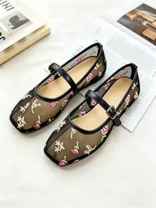 Women's Mary Jane Shoes Summer 2026, Breathable Mesh Low Heel Ballet Flats, Square Toe Casual Outdoor Dance Shoes