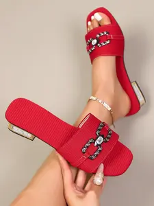 Women's Summer New Square Toe Chunky Heeled Sandals, Rhinestone Decoration, Slip-On Comfortable Shoes, Perfect for Daily Commute and Vacation
