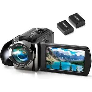 Video Camera Camcorder Digital Camera Recorder  1080P 15FPS 24MP 3.0 Inch 270  Rotation LCD 16X Digital Zoom Camcorder Camera with 2 (Black)