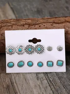 Boho Style Turquoise Decor Stud Earrings Set, High Quality Earrings, Fashion Flower & Round & Oval & Geometric Design Earrings for Women, Trendy All-match & Exquisite Jewelry for Gift