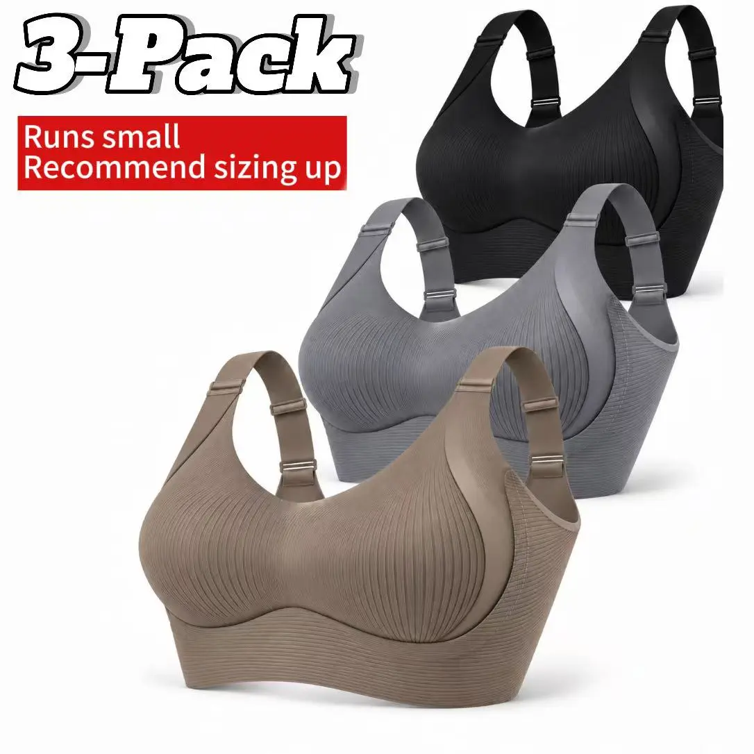 Women’s 3-pack solid-color wire-free full-cup bras, soft, comfortable, breathable ribbed push-up seamless underwear, breathable seamless bras, women’s close-fitting underwear suitable for all seasons, wire-free seamless design