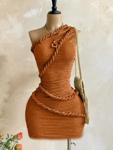 New Boho Style Bohemian Knot Shoulder Mini Dress, Summer Women's Vintage Holiday, Fitted Plain Design, Casual Fashion for Vacation