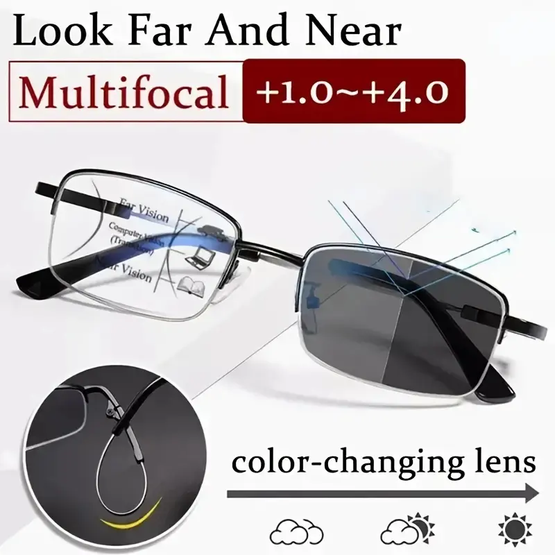 Unisex Bifocal Reading Glasses 2-Pack, Ultralight Rectangular Semi-Rimless Frame with Flexible Temples, Anti-Glare Photochromic Lenses +1.0 to +4.0, Bifocals, +1.0~+4.0 Diopter, Glare Protection, Near Vision Aid, Unisex Fit