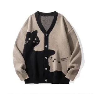 2026 #SummerVibes College Style Unisex Sweater Autumn Winter Cat Knitwear Loose Casual Baseball Jersey Fleece Cardigan Top Knitted Fashion