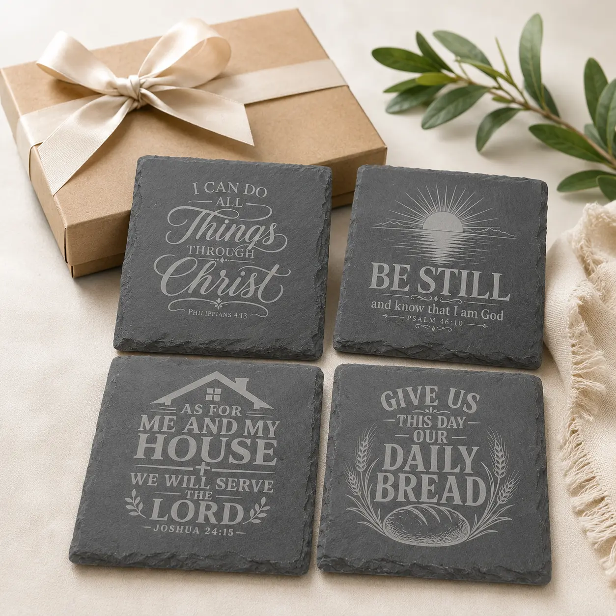 Christian Bible Verse Slate Coaster Set of 4, Laser Engraved Scripture Drink Coasters for Faith Home Decor