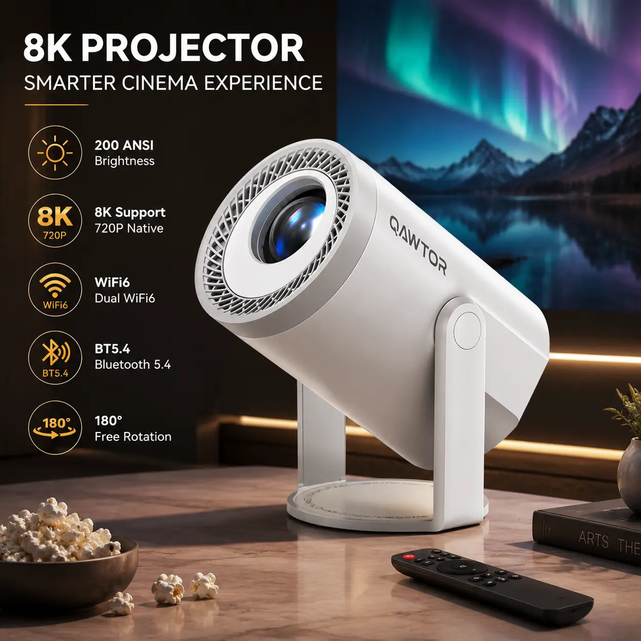 Qawtor TYY-TURN1 Mini Projector, 300 ANSI Lumens Smart Portable Projector with Native 4K Decoding, Short Throw Design, 360° Adjustable Focus, Up to 235" Large Screen for Home Theater, Bedroom & Outdoor Movie,sohochic
