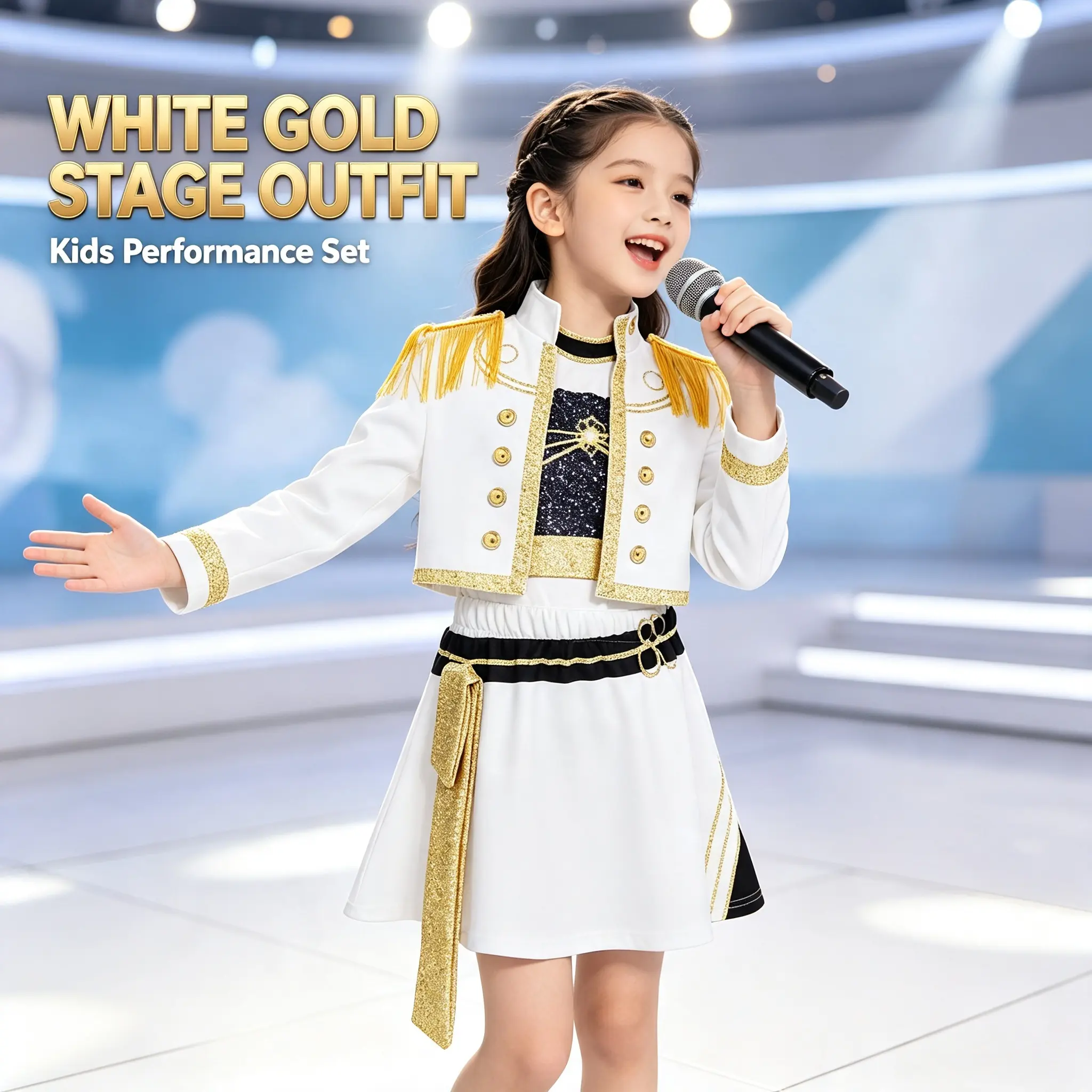 Girls' 3D-Printed Separates Stage-Performance Outfit Set, Elegant Cosplay Costume