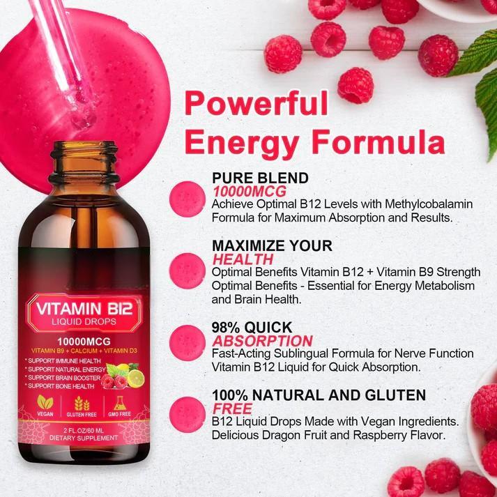 Vitamin B12 Liquid - Vitamin B12 Sublingual Liquid Drops| Methylcobalamin B12 10000mcg Formula with Vitamin B9, D3, Calcium, Vegan Methyl B12 Vitamins Support Energy Mood, Brain Health, Immune System