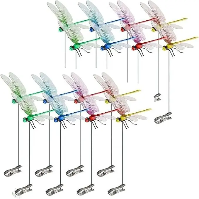 12-Count 3D Metal Fake Dragonfly Rod Clip, Anti-Bird Repellent Device, Natural Organic Art Ornament, Creative Specialty Kitchen Utensil Accessory, Home Patio Decoration Wind Chime