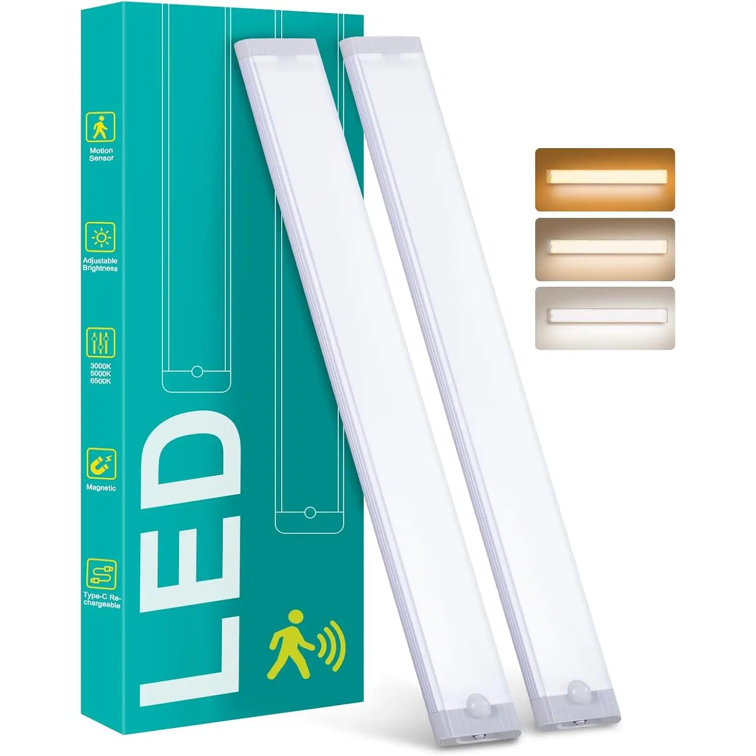 2-Pack 16in Under Cabinet Motion Sensor Light Bars, 120 LEDs USB-C Rechargeable Indoor Lighting, Dimmable Warm White Magnetic Decorative Lamp with 3 Color Temps, Adjustable Plastic & Aluminum USB Power Lamp for Kitchen Stairs
