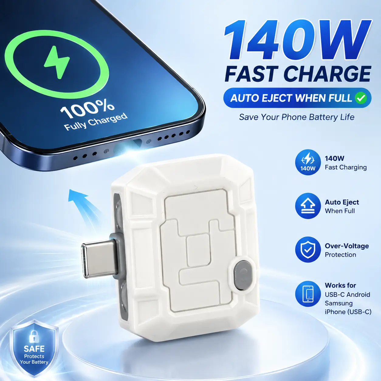 140W High‑Speed Battery Charging Protector, Auto Power‑Off When Fully Charged, Smart Full‑Charge Separator Voltage Protection Module, Compatible With iPhone Samsung All Smartphones