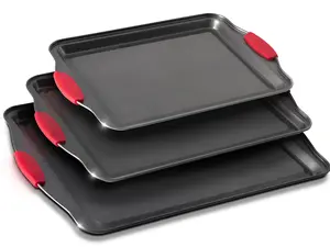 Eternal Living 3 Piece Nonstick Baking Sheet Set with Silicone Handles - 3 Sizes for Easy Baking and Cooking - Kitchenware and Bakeware