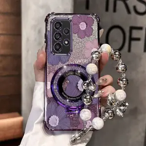 A32 5G Fashion Series Pearl Strap Lanyard Phone Holder Case For Compatible With Samsung Galaxy A32 5G Transparent Magnetic Glitter Cover and Elegant Elegant Purple Flowers Protector Cases Accessories