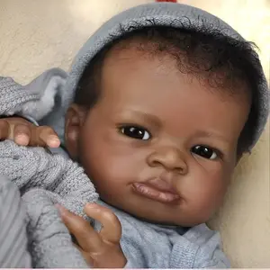 Lifelike African American Doll Boy, 19" Realistic Soft Vinyl Doll with Dark Brown Light Beige, Hand Rooted Curly Hair- Ideal for Birthdays, Christmas Gifts, And Playtime Companion, Collectible Doll