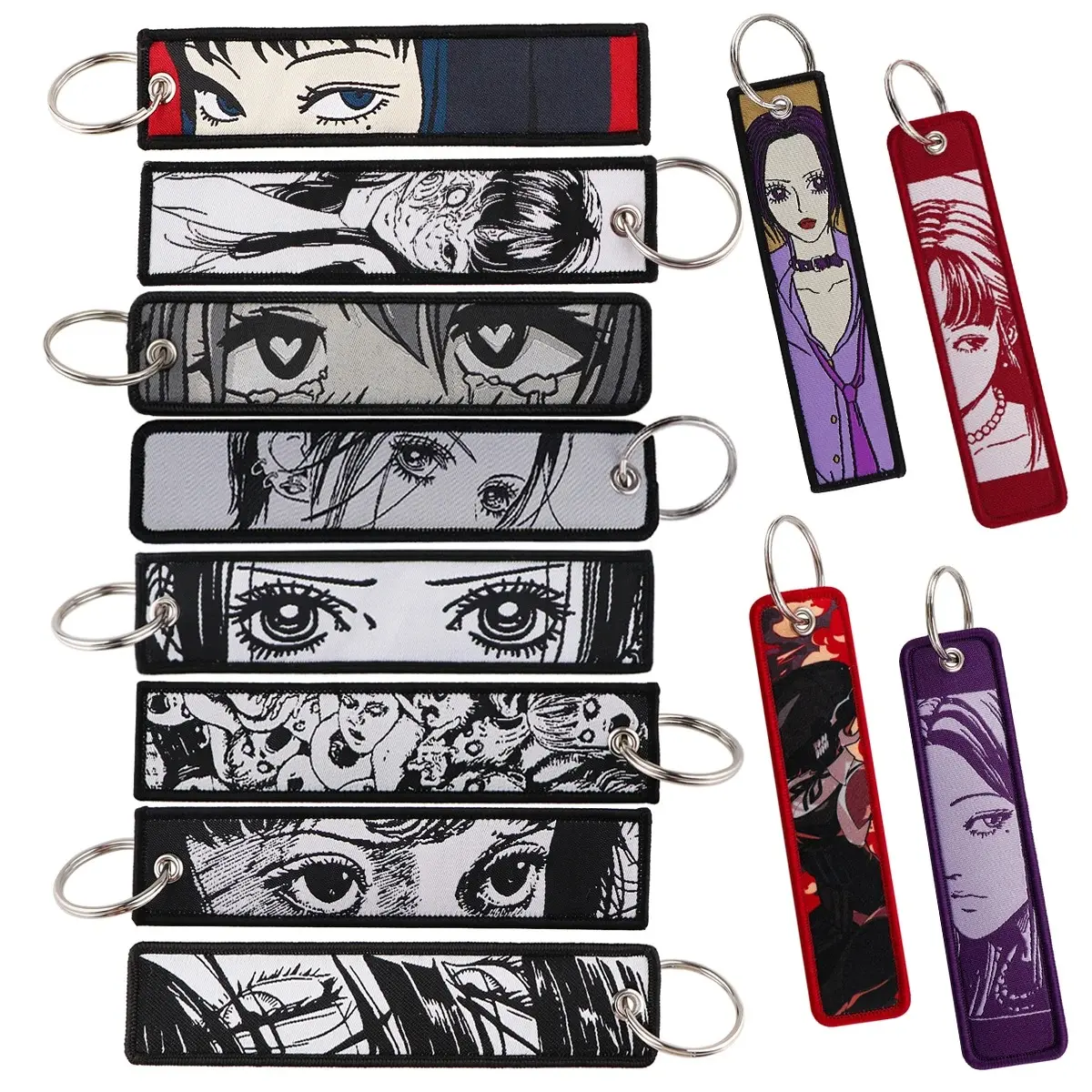 1Pcs Anime Girls Cool Eyes Embroidery Key Fobs Backpack Manga Style Key Tags Motorcycles Keychain Keyrings Cosplay Accessories