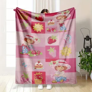 Strawberry Girl Flannel Blanket Cute Berry Garden Elements Print Ultra Soft Lightweight Plush Breathable Cozy Throw Ideal For Living Room Sofa Couch Nap Camping Travel Bedding Decor Gift