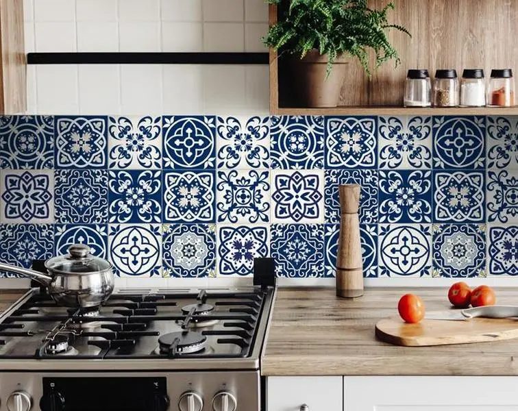 HomeRoots 390657 Colorful Waterproof Peel-Stick Mosaic Tile Stickers, 24-Piece 8x8 in. Midnight Blue & White, Easy Apply Peel-Position-Remove for Kitchen Decor