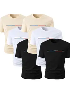 Men's 3pcs Basic Regular Fit Striped & Letter Print Crew Neck Tee, National Day Clothing, Streetwear Round Neck Short Sleeve T-Shirt for Men, Casual Comfy Stretch Knitting Top for Summer