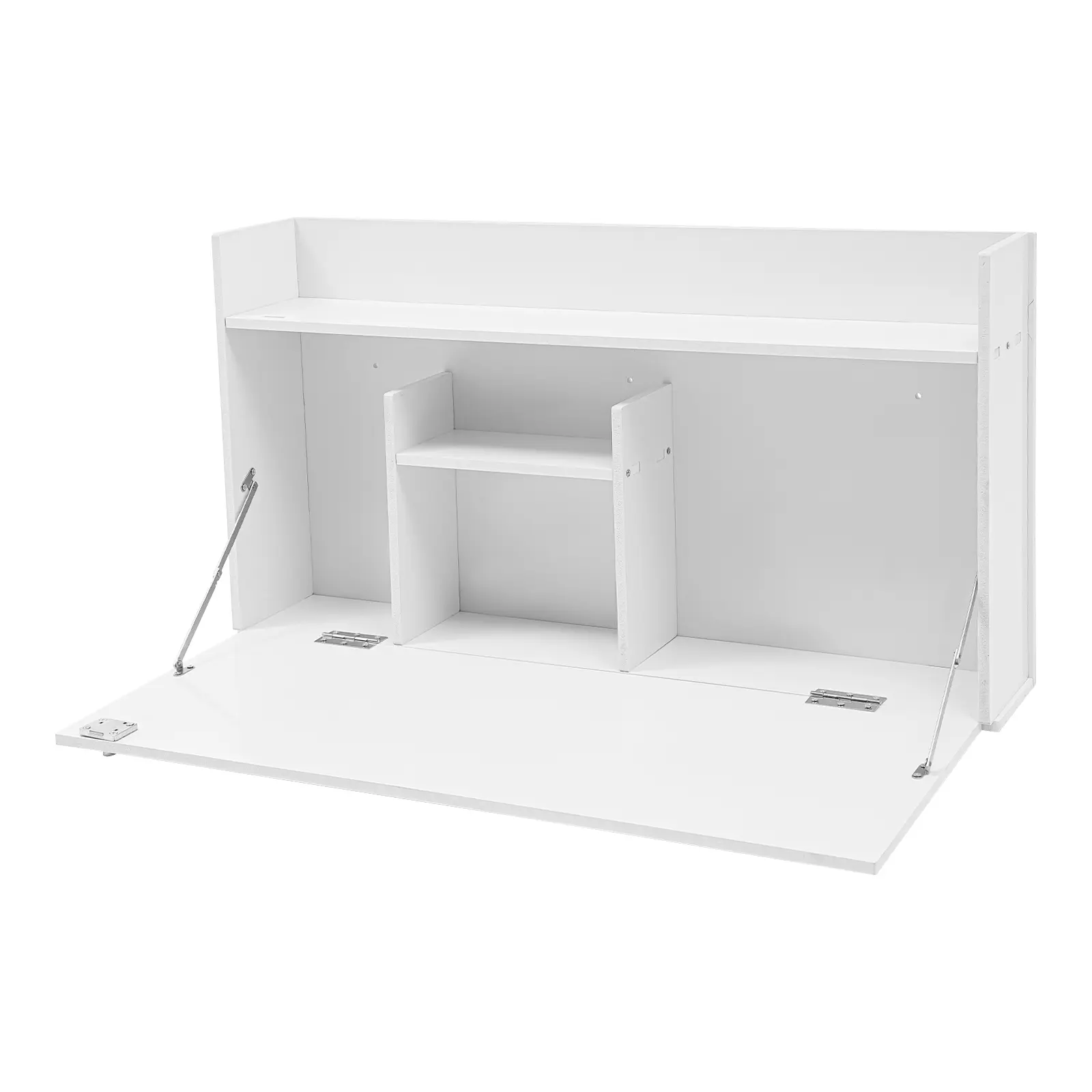 White wall-mounted folding desk cabinet unit, PVC wood-plastic material wall-mounted computer desk with lockable storage and CNC engraving, suitable for small apartments and home office settings.