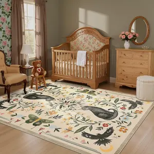 Cat Area Rug Low Pile Mushroom Floral Beige Bedroom Rug Non Slip Butterfly Carpet Stain Resistant Throw Rug for Kitchen Dorm Kids Room Office Dining Room