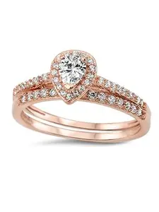 1.50ct Rose Gold Plated Sterling Silver Halo Design Pear Shaped Cz Wedding Ring Set girl rings love rings