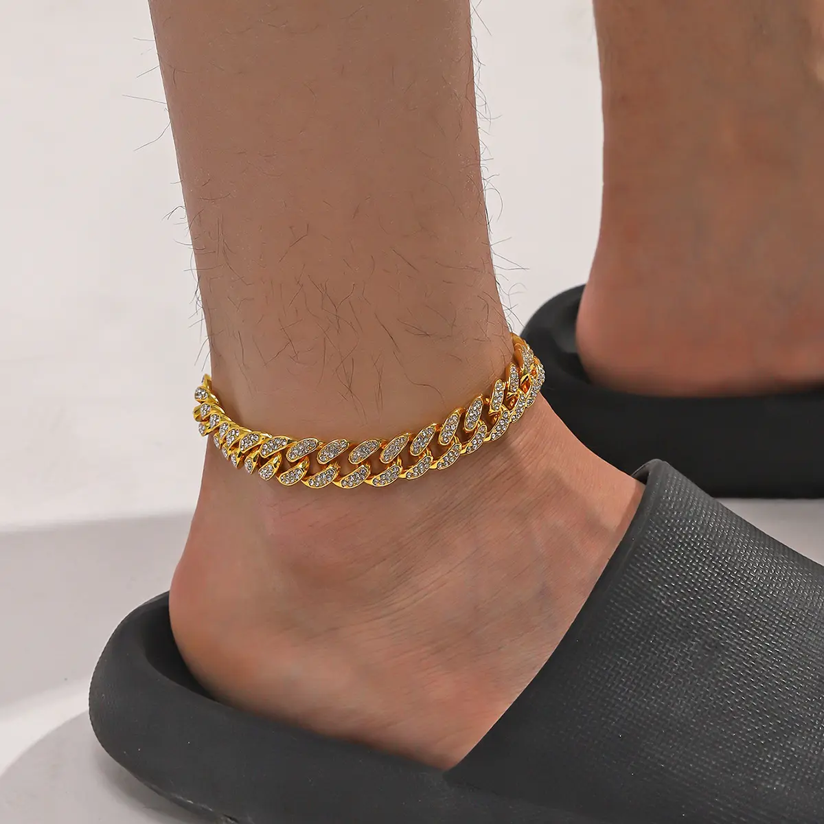 Cool Full Rhinestone Cuban Link Anklet, Punk Hip Hop Biker Foot Jewelry for Trendy Men