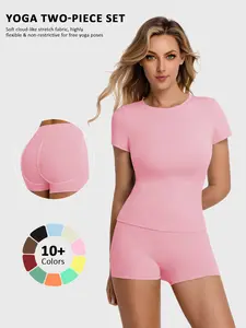 Women's Two-Piece Set, High-Waisted Tight-Fit Shorts & Pure Color T-Shirt, Breathable Quick-Dry Sports Wear Workout Set for Yoga Gym Clothes Set Summer