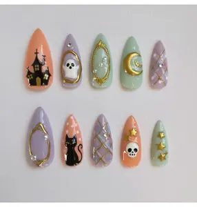 Halloween Press On Nails: Haunted House, Ghost, Black Cat, Skull & Starry Moon Design