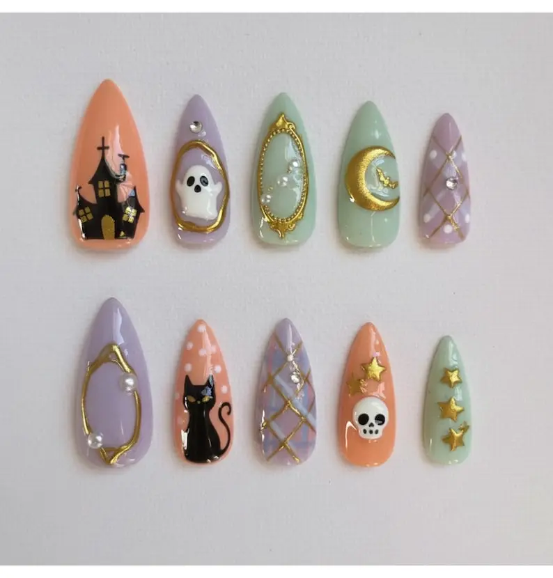 Halloween Press On Nails: Haunted House, Ghost, Black Cat, Skull & Starry Moon Design