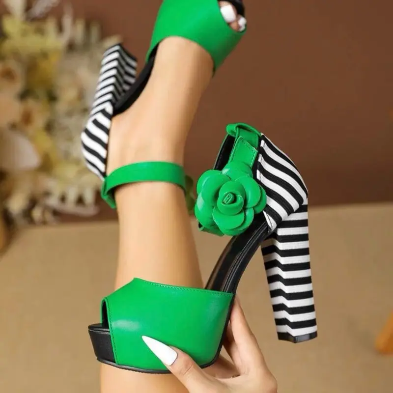 Black & White Chunky Heel Platform Sandals for Women Plus Size Open Toe Shoes