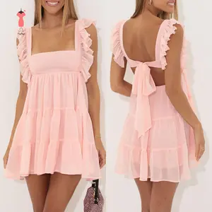 Women's Ruffle Strap Mini Dress Sleeveless Square Neck Solid Color Flowy Dress Summer Babydoll Dress