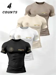 Men's Mexican Emblem Sporty Athletic Sports Clothing Short Sleeve T-Shirt Set of 4, Round Neck Fitness Top, Perfect for Running and Outdoor Activities