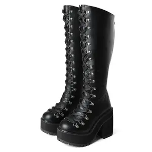 Womens Knee High Boots Goth Round Toe Punk Lace Up with Back Zipper Platform Chunky Block High Heel Motorcycle Combat Tall Booties