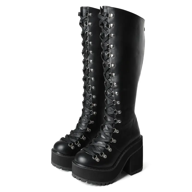 Womens Knee High Boots Goth Round Toe Punk Lace up with Back Zipper Platform Chunky Block High Heel Wedge Motorcycle Combat Tall Heels Boots Winter Boot
