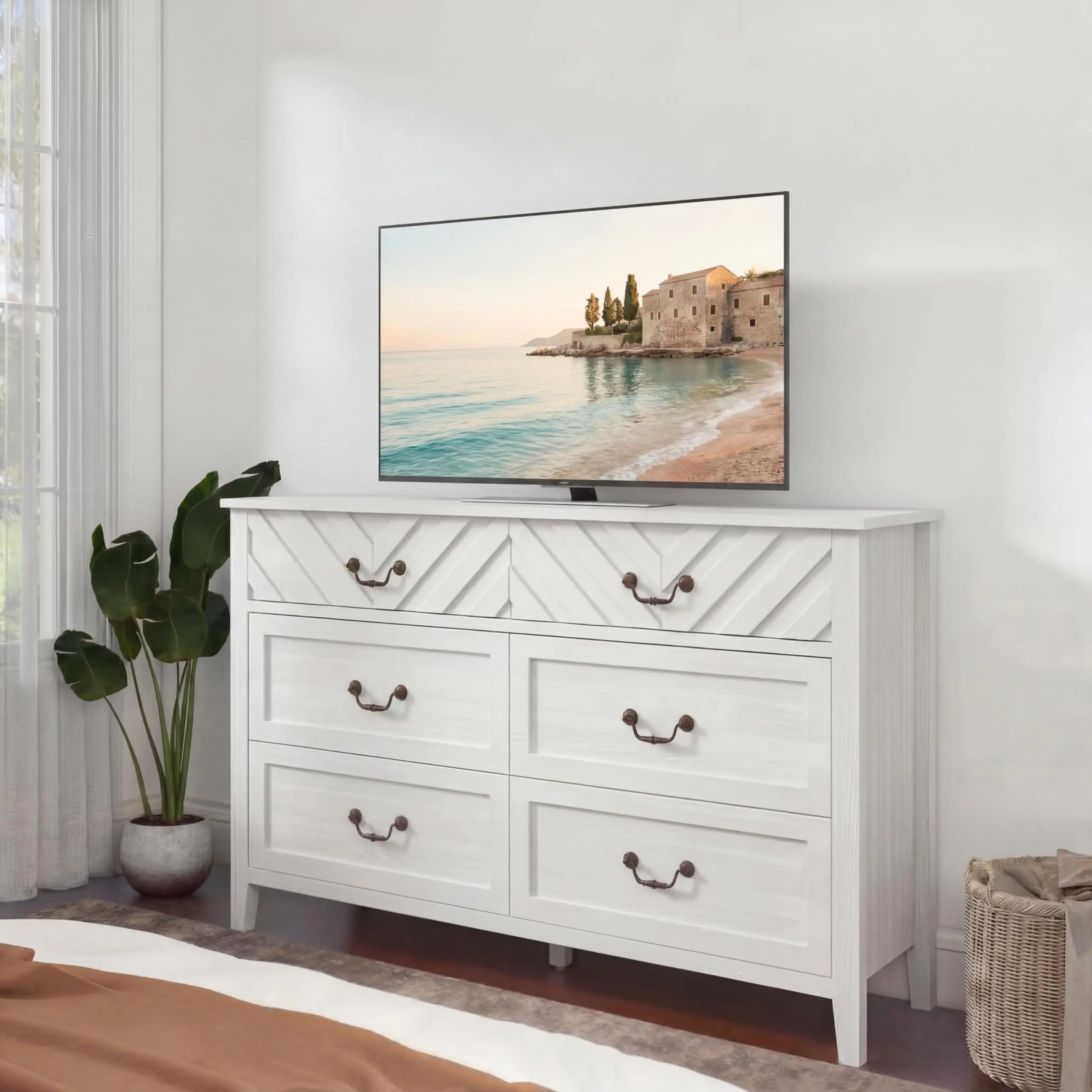 White Modern Entertainment TV Stand - Wooden Media Console Cabinet with 6 Drawers, 3D V-Pattern Front, Storage for Living Room, Apartment