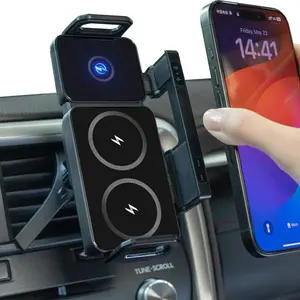 Car phone holder with 15W dual-coil wireless fast charging, ultra-stable dashboard and air vent mount, rotating design, suitable for various phone models